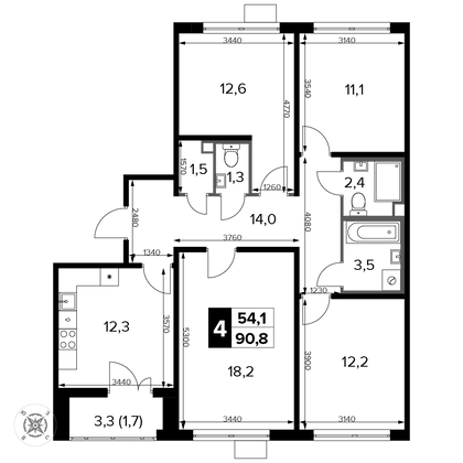 90,7 м², 4-комн. квартира, 11/14 этаж