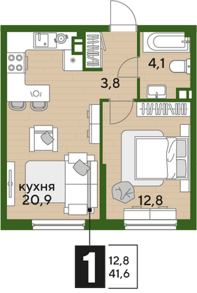 Продажа 1-комнатной квартиры 41,6 м², 4/16 этаж