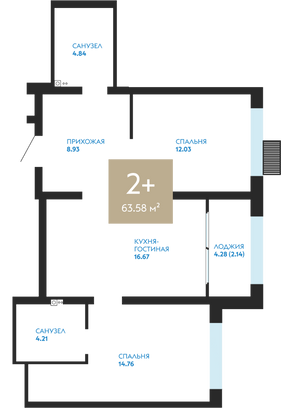 63,6 м², 2-комн. квартира, 4/24 этаж