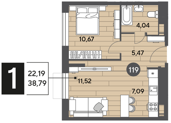 Продажа 1-комнатной квартиры 38,8 м², 6/10 этаж