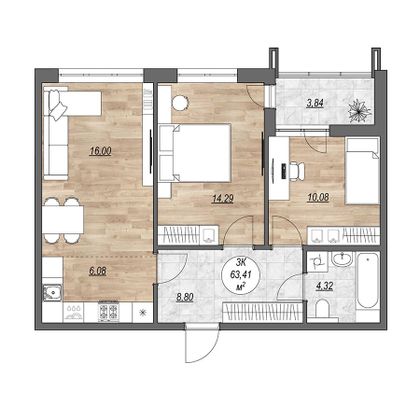 67,3 м², 3-комн. квартира, 2/9 этаж