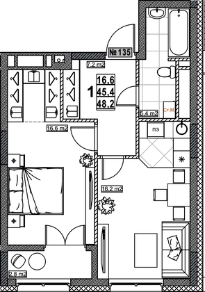 Продажа 1-комнатной квартиры 48,2 м², 16/24 этаж