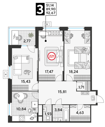 Продажа 3-комнатной квартиры 92,7 м², 19/25 этаж