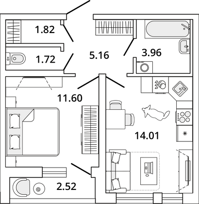 39,5 м², 1-комн. квартира, 1/19 этаж