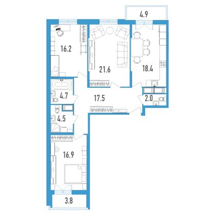 105,2 м², 3-комн. квартира, 11/18 этаж