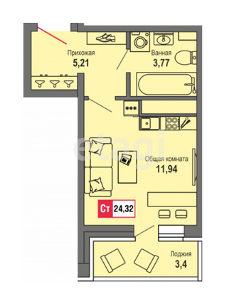 Продажа квартиры-студии 24,3 м², 14/22 этаж