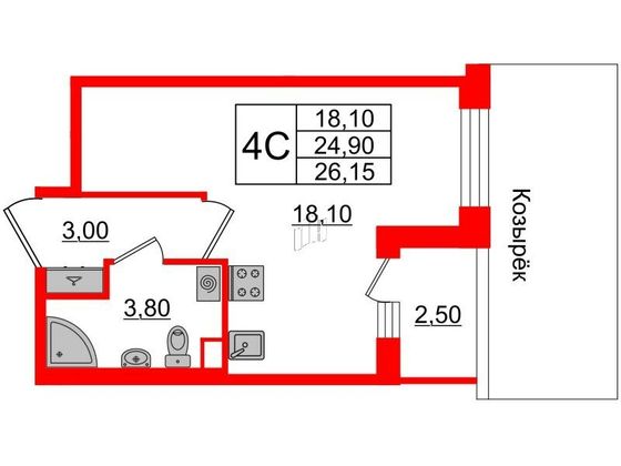 Продажа квартиры-студии 24,9 м², 2/4 этаж