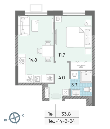 Продажа 1-комнатной квартиры 33,8 м², 14/24 этаж