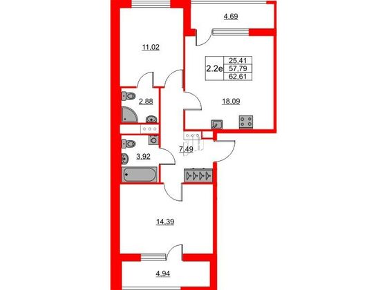 Продажа 2-комнатной квартиры 57,8 м², 11/23 этаж