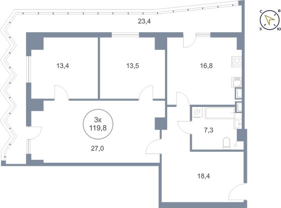 119,8 м², 3-комн. квартира, 17/25 этаж