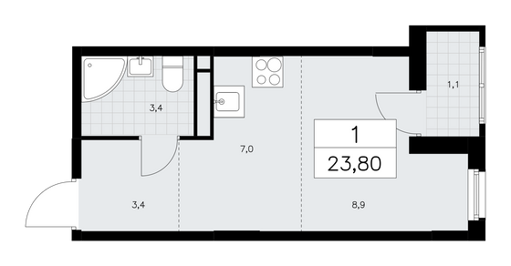 23,8 м², своб. планировка, 12/16 этаж