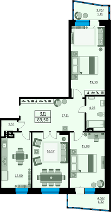 89,6 м², 3-комн. квартира, 2/14 этаж