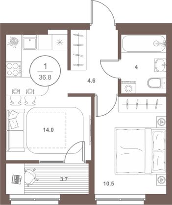 Продажа 1-комнатной квартиры 36,8 м², 2/18 этаж