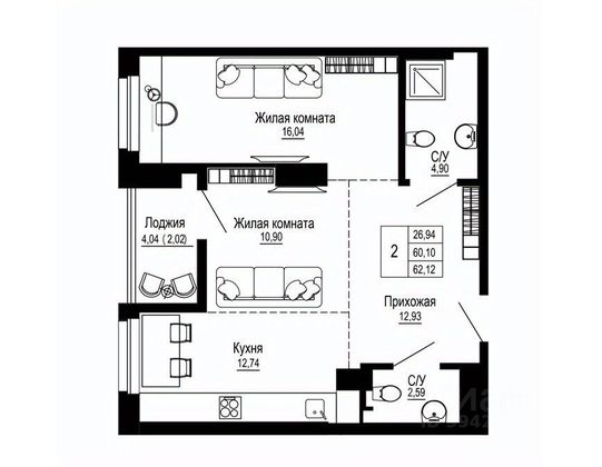 Продажа 2-комнатной квартиры 62,4 м², 15/24 этаж