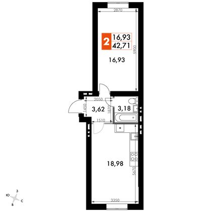 42,7 м², 1-комн. квартира, 2/4 этаж