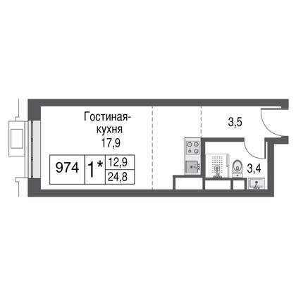 Продажа квартиры-студии 24,9 м², 42/53 этаж