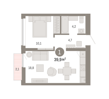 39,9 м², 1-комн. квартира, 3/6 этаж