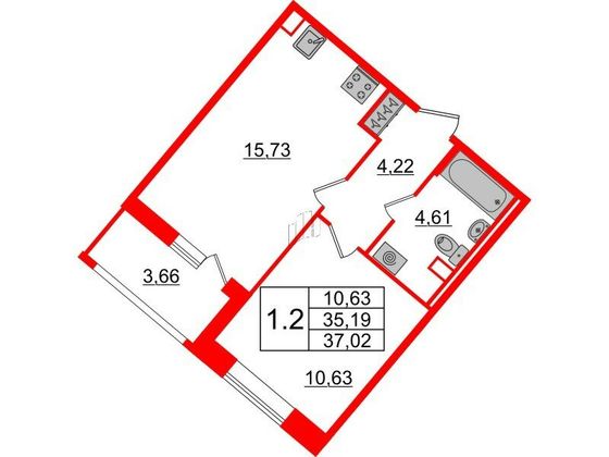 Продажа 1-комнатной квартиры 35,2 м², 1/20 этаж
