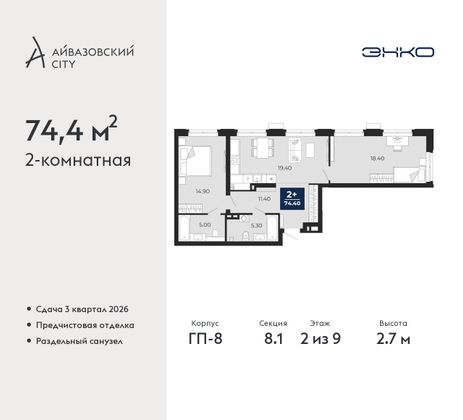 74,4 м², 2-комн. квартира, 2/20 этаж