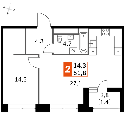 51,9 м², 2-комн. квартира, 14/31 этаж