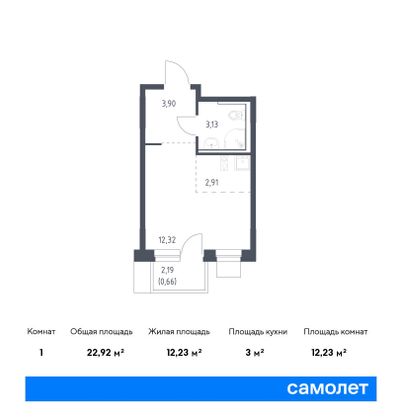 22,9 м², студия, 8/9 этаж