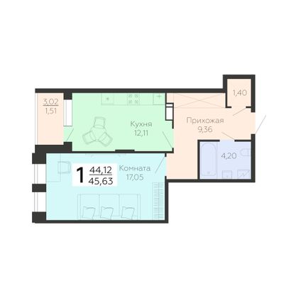 Продажа 1-комнатной квартиры 45,6 м², 11/21 этаж