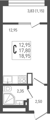 19 м², студия, 9/9 этаж