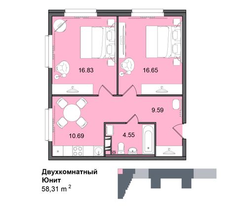 58,3 м², 2-комн. квартира, 12/29 этаж