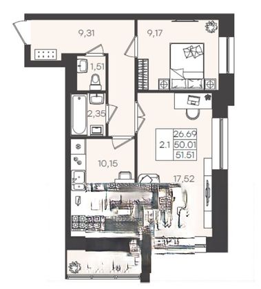 51,5 м², 2-комн. квартира, 5/5 этаж