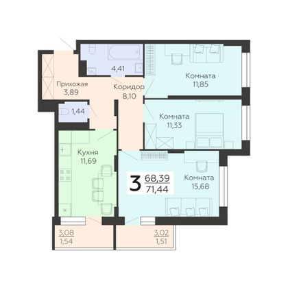 Продажа 3-комнатной квартиры 71,4 м², 11/19 этаж