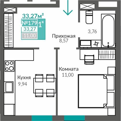 33,3 м², 1-комн. квартира, 1/9 этаж