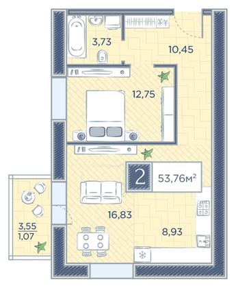 53,8 м², 2-комн. квартира, 2/18 этаж