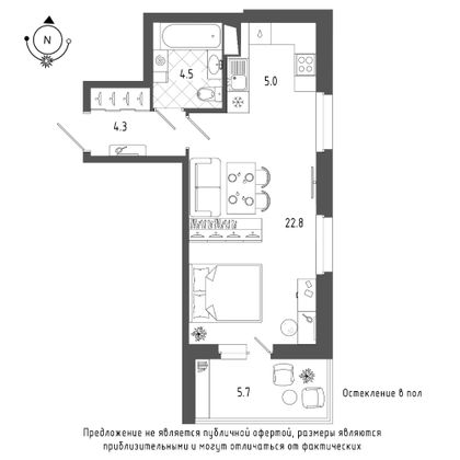 Продажа квартиры-студии 39,5 м², 11/19 этаж