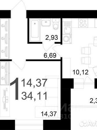 Продажа 1-комнатной квартиры 34,7 м², 1/9 этаж