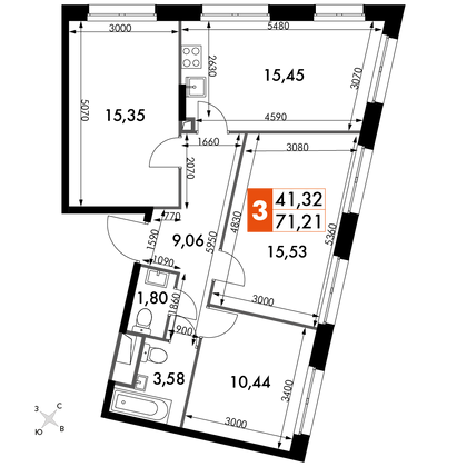 71,2 м², 3-комн. квартира, 9/15 этаж