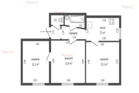 Продажа 3-комнатной квартиры 61 м², 2/2 этаж