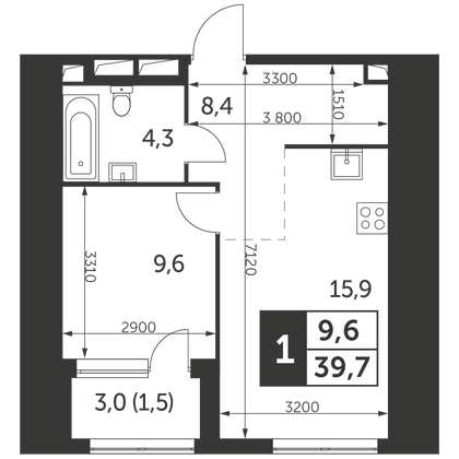 39,7 м², 2-комн. квартира, 7/47 этаж