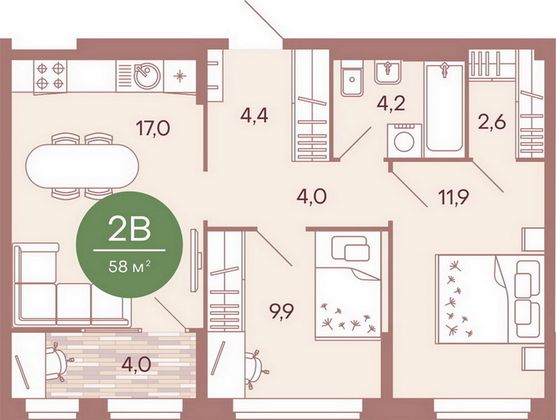 Продажа 2-комнатной квартиры 58 м², 8/17 этаж