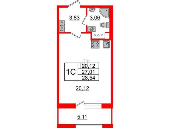 Продажа квартиры-студии 27 м², 6/12 этаж