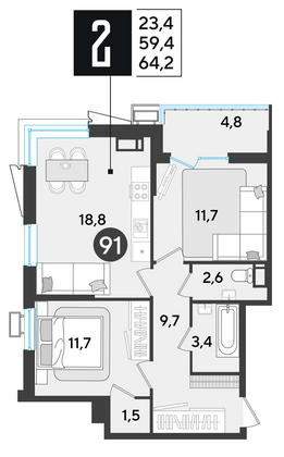 Продажа 2-комнатной квартиры 64,2 м², 12/18 этаж