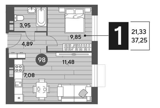 Продажа 1-комнатной квартиры 37,3 м², 2/15 этаж