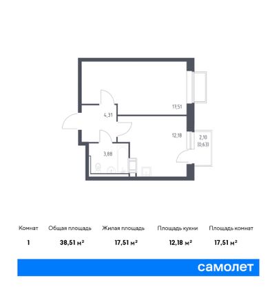 38,5 м², 1-комн. квартира, 14/17 этаж