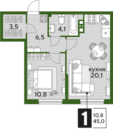 Продажа 1-комнатной квартиры 45 м², 5/19 этаж