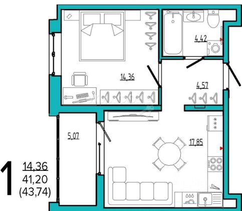 Продажа 1-комнатной квартиры 43,7 м², 16/17 этаж