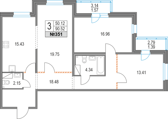 90,5 м², 3-комн. квартира, 12/19 этаж