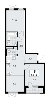 56,5 м², 3-комн. квартира, 4/16 этаж