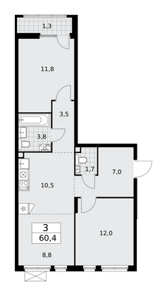 60,4 м², 3-комн. квартира, 2/16 этаж