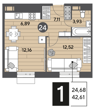 Продажа 1-комнатной квартиры 42,6 м², 6/9 этаж