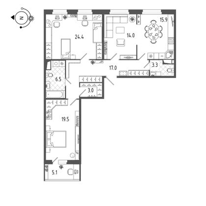 106,3 м², 3-комн. квартира, 4/19 этаж