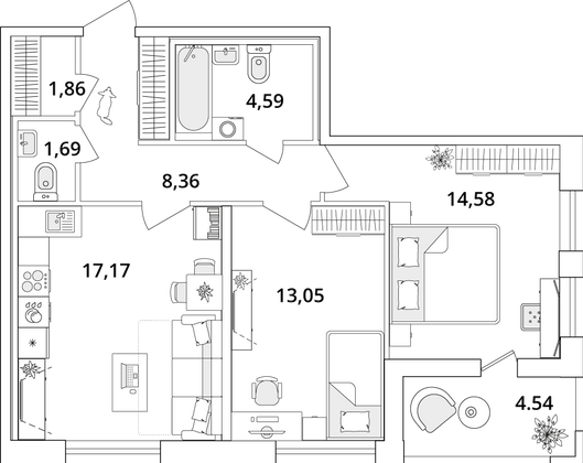 63,6 м², 2-комн. квартира, 2/18 этаж